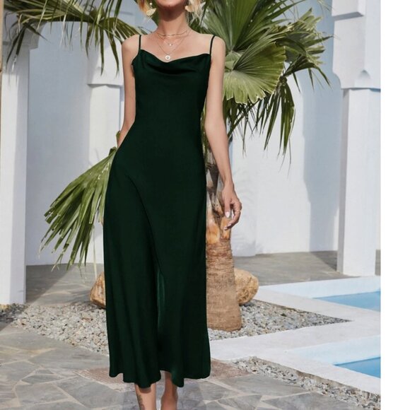 Dark Green Silky Cowl Neck Spaghetti Strap Open Back Midi Dress - Picture 1 of 11